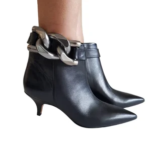 Vicenza Tronchetto tacco alto 6 cm pelle Black accessorio catena color Ferro rif. 95